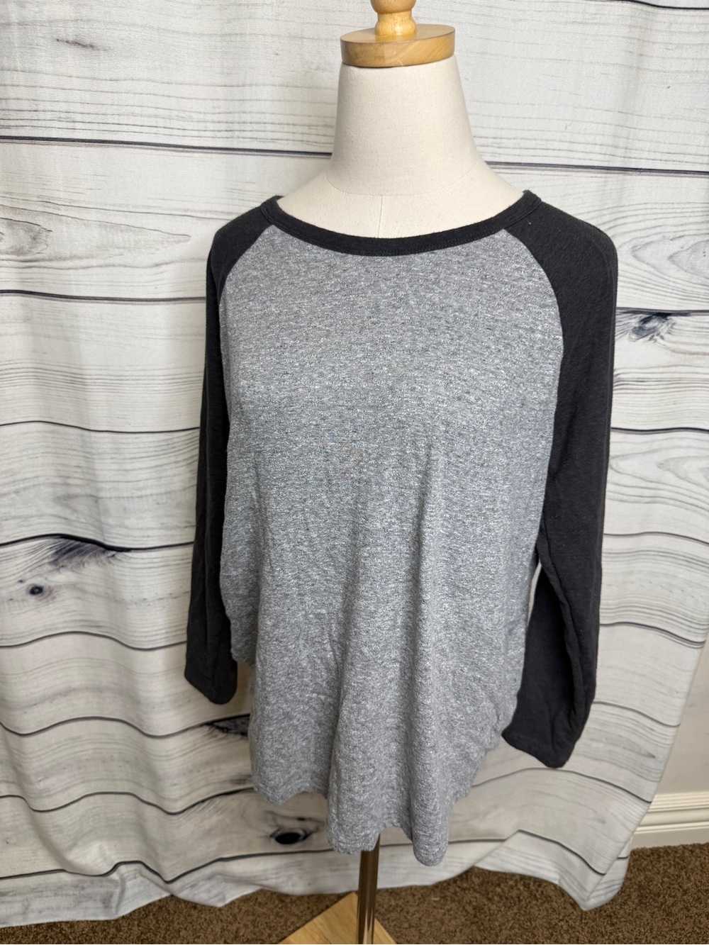 Marine Layer Gray Heather Body with Black Raglan Sleeves Long Sleeve Tee